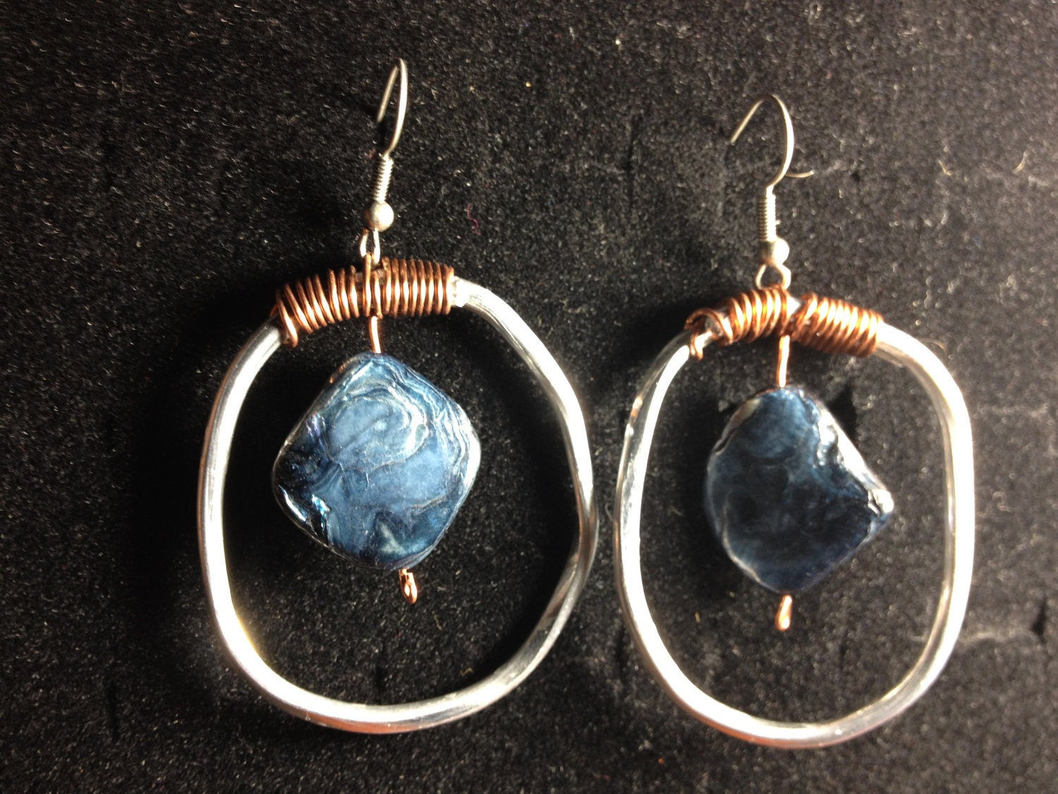 Aluminum Earrings wrapped in Copper wire With cool blue sea shells