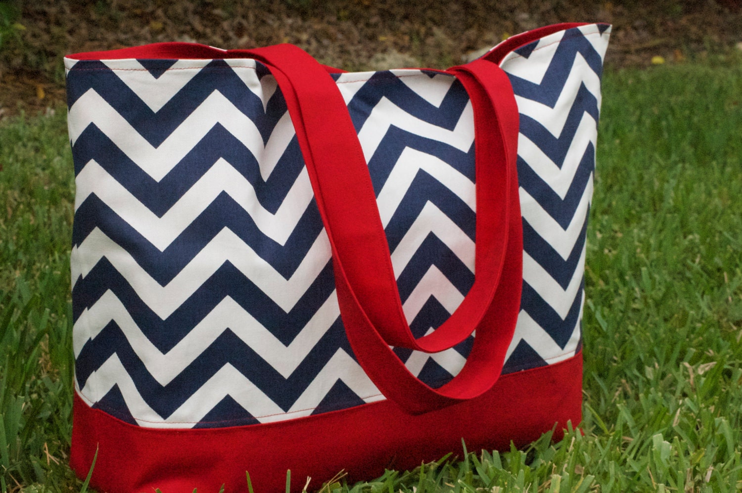 Large Navy Blue Chevron Tote Bag with Red lining, July 4th Tote