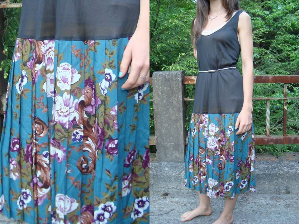 Vintage Festival Maxi Dress Sheer Black Camisole and Floral Skirt