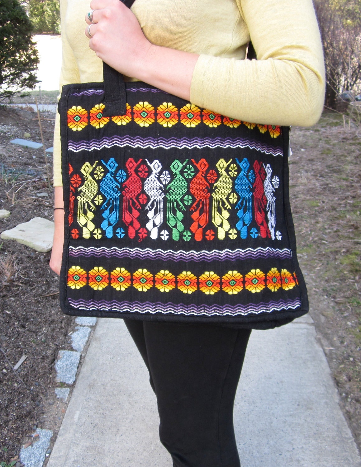 Guatemalan Rainbirds Embroidered Vintage Ethic Hippie Bohemian Tribal Multi Color Black Red Yellow Blue Green Tote Bag Purse