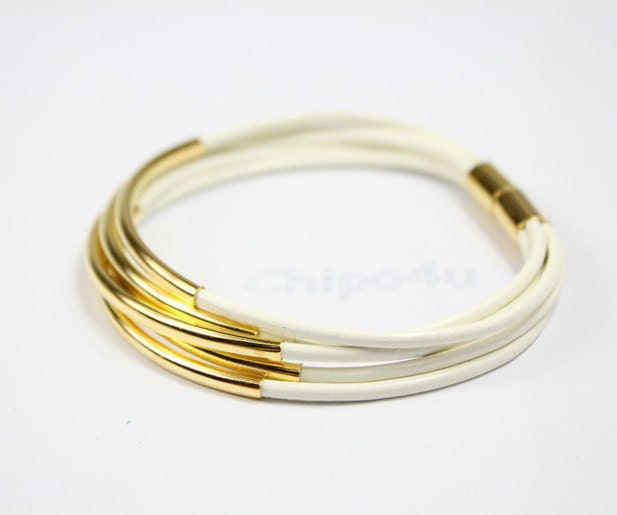 White bracelet, white real leather with gold tube and gold magnet