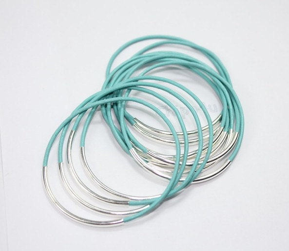 Turquoise leather bangles, silver tubes with turquoise real leather