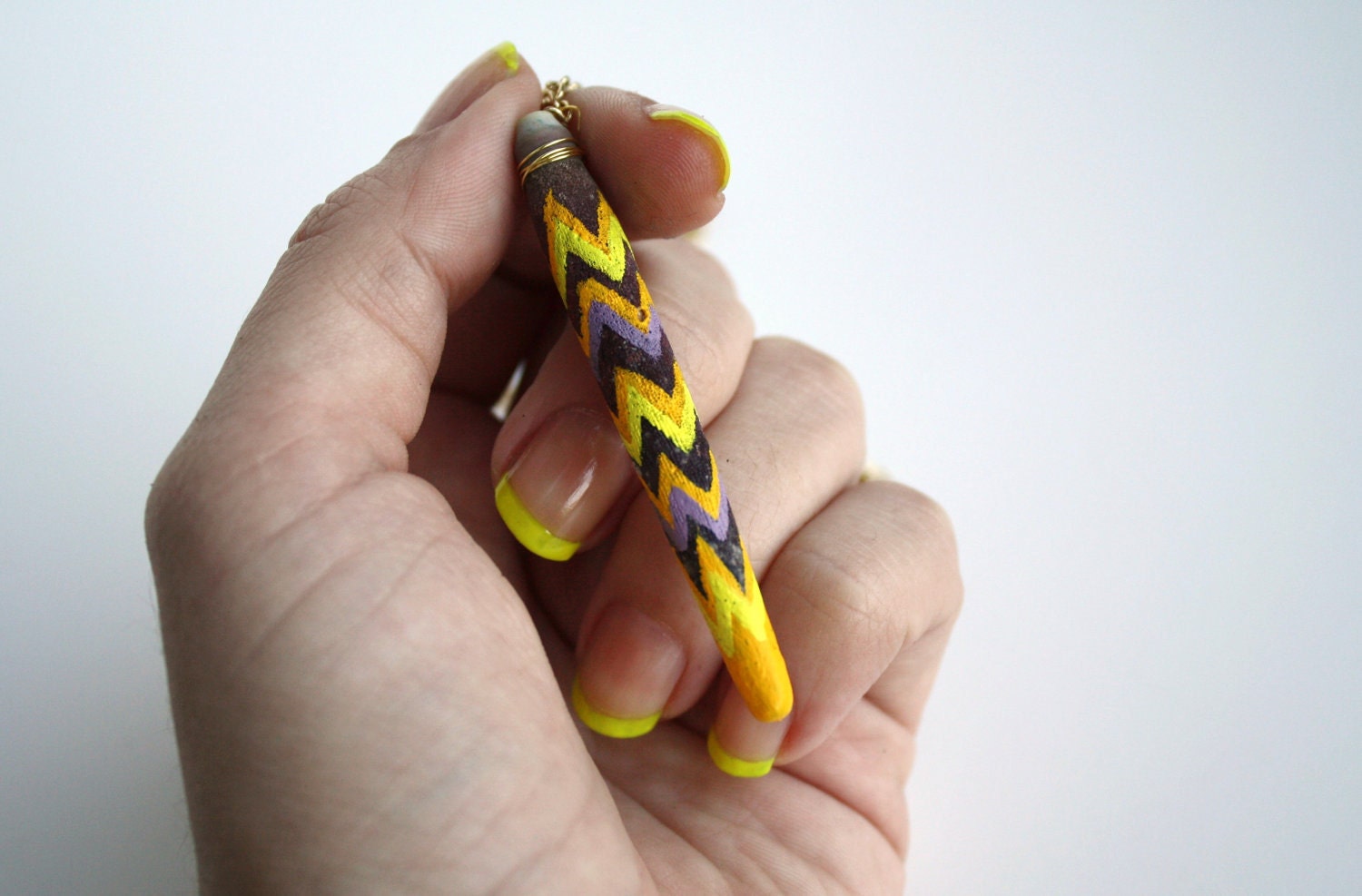 Neon Yellow, Mustard, and Purple - Sea Urchin Pendant Necklace - Chevron, Color Block, Zig Zags