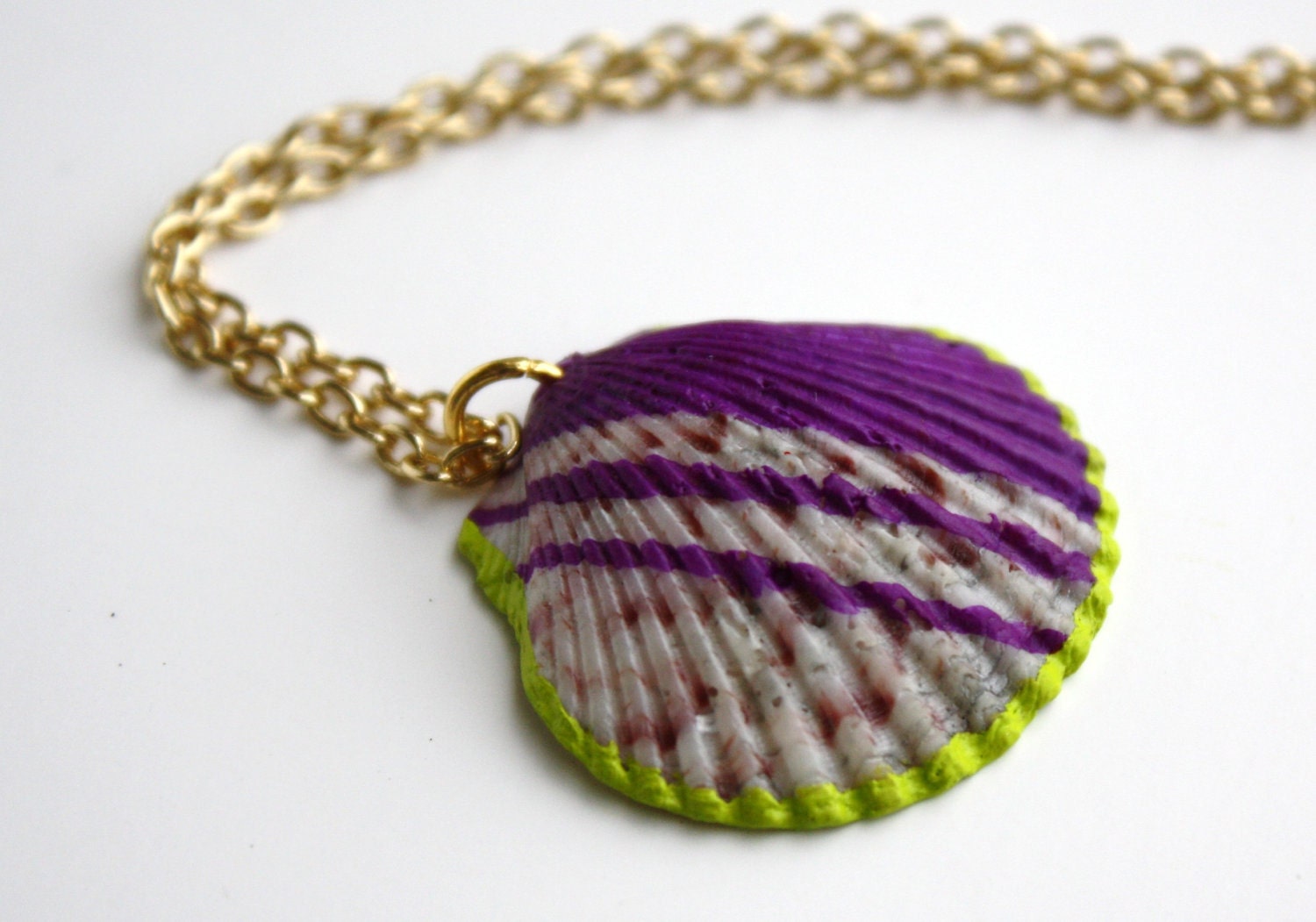 Sea Shell Necklace Pendant - Purple and Green Color Block Dipped Stripes