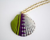 Sea Shell Necklace Pendant - Purple and Green Color Block Tribal Dipped