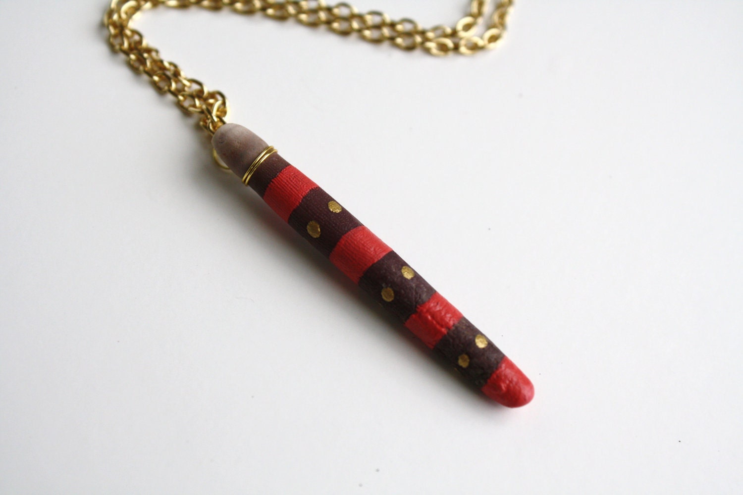 Sea Urchin Pendant Necklace - Coral Pink and Gold - Stripes and Polka Dots