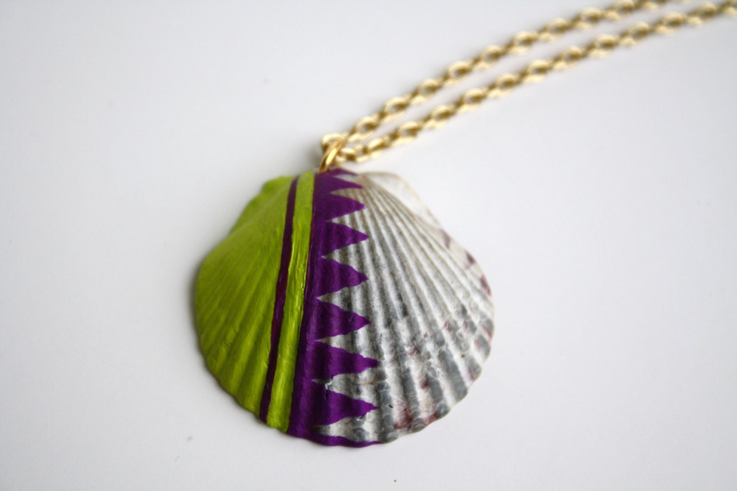Sea Shell Necklace Pendant - Purple and Green Color Block Tribal Dipped