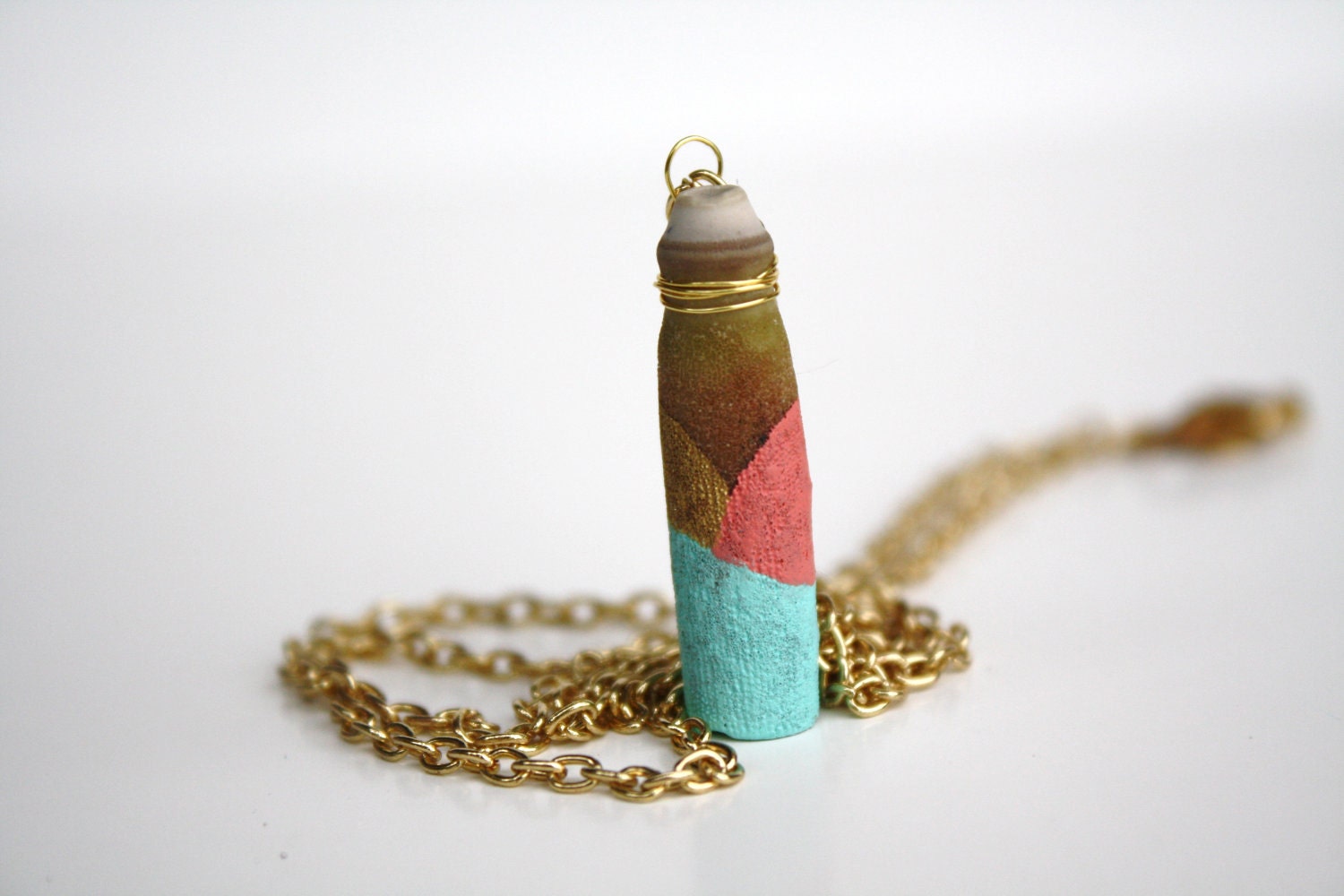 Sea Urchin Pendant Necklace - Gold, Coral Pink, Mint Green Color Block
