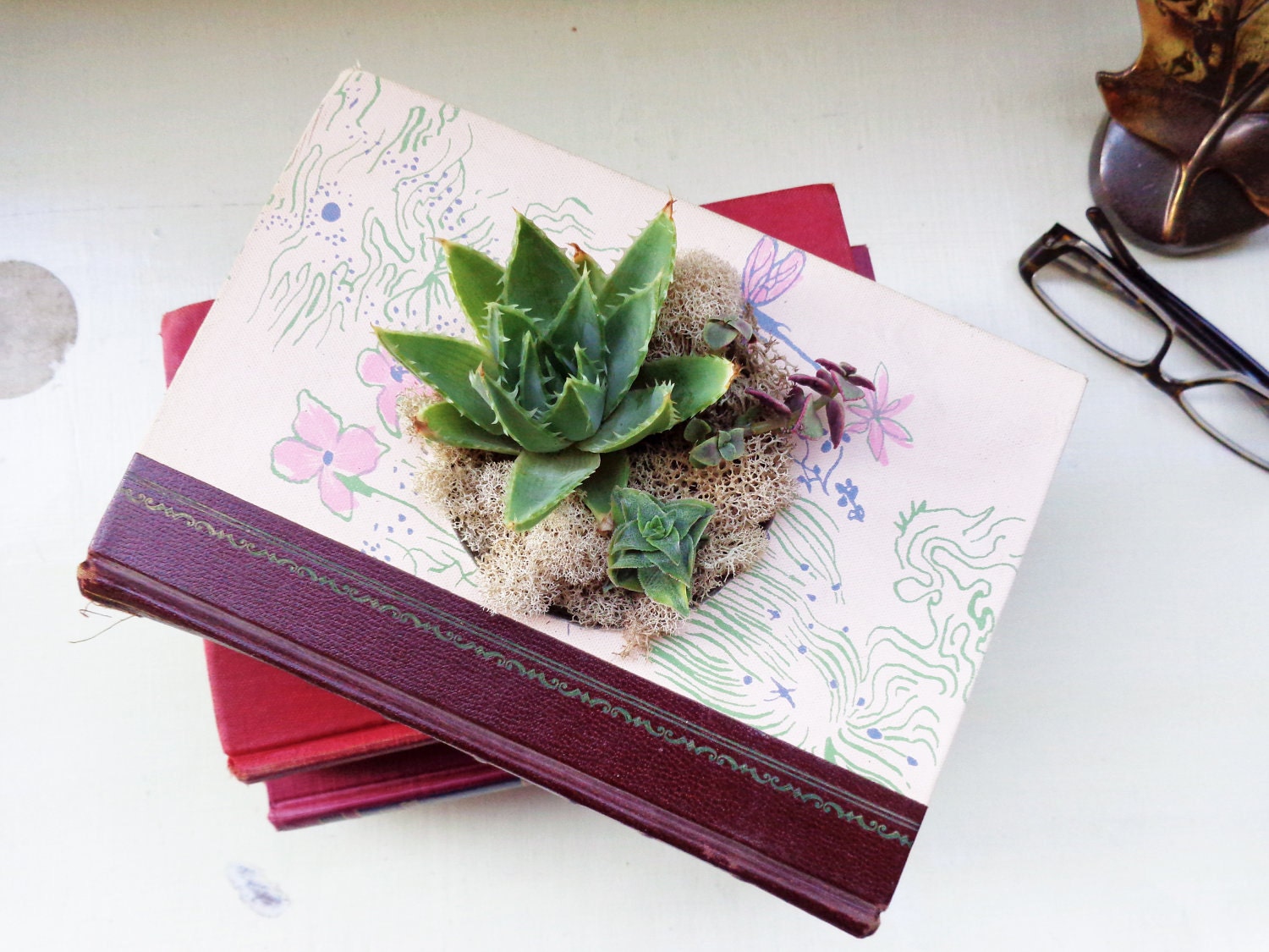 Eco Succulent Book Planter Pink Wine Succulent Centerpiece Book Lover Succulent Lover // Hooray Me