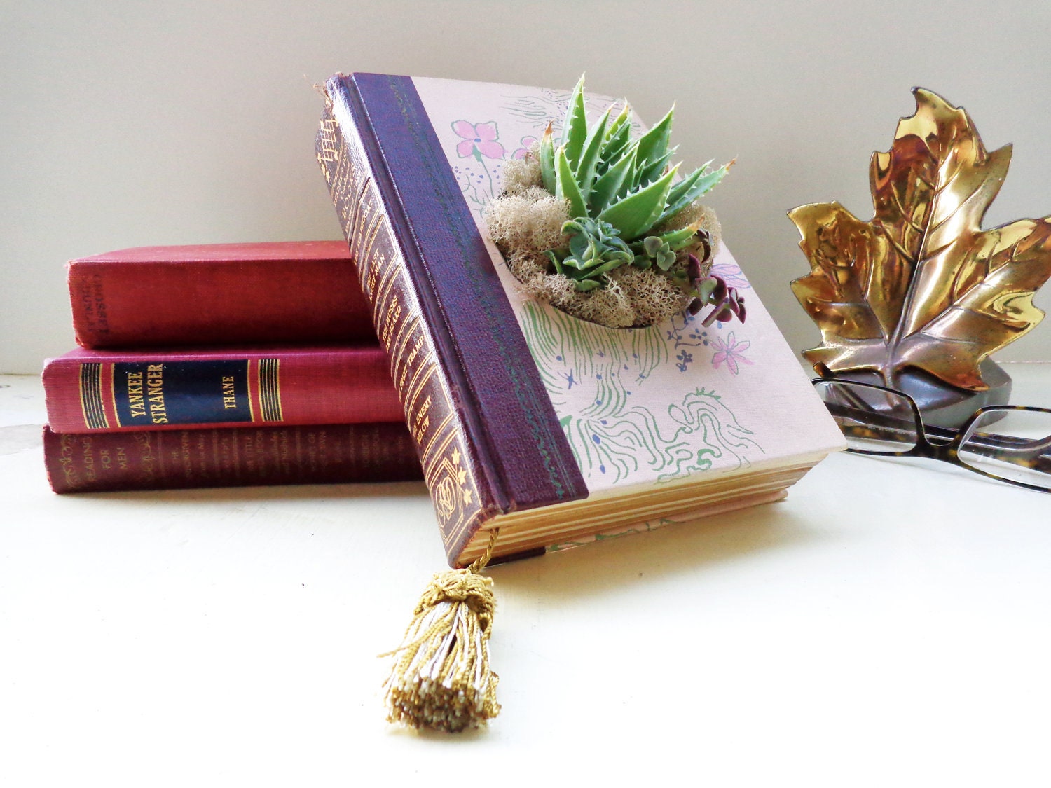 Eco Succulent Book Planter Pink Wine Succulent Centerpiece Book Lover Succulent Lover // Hooray Me