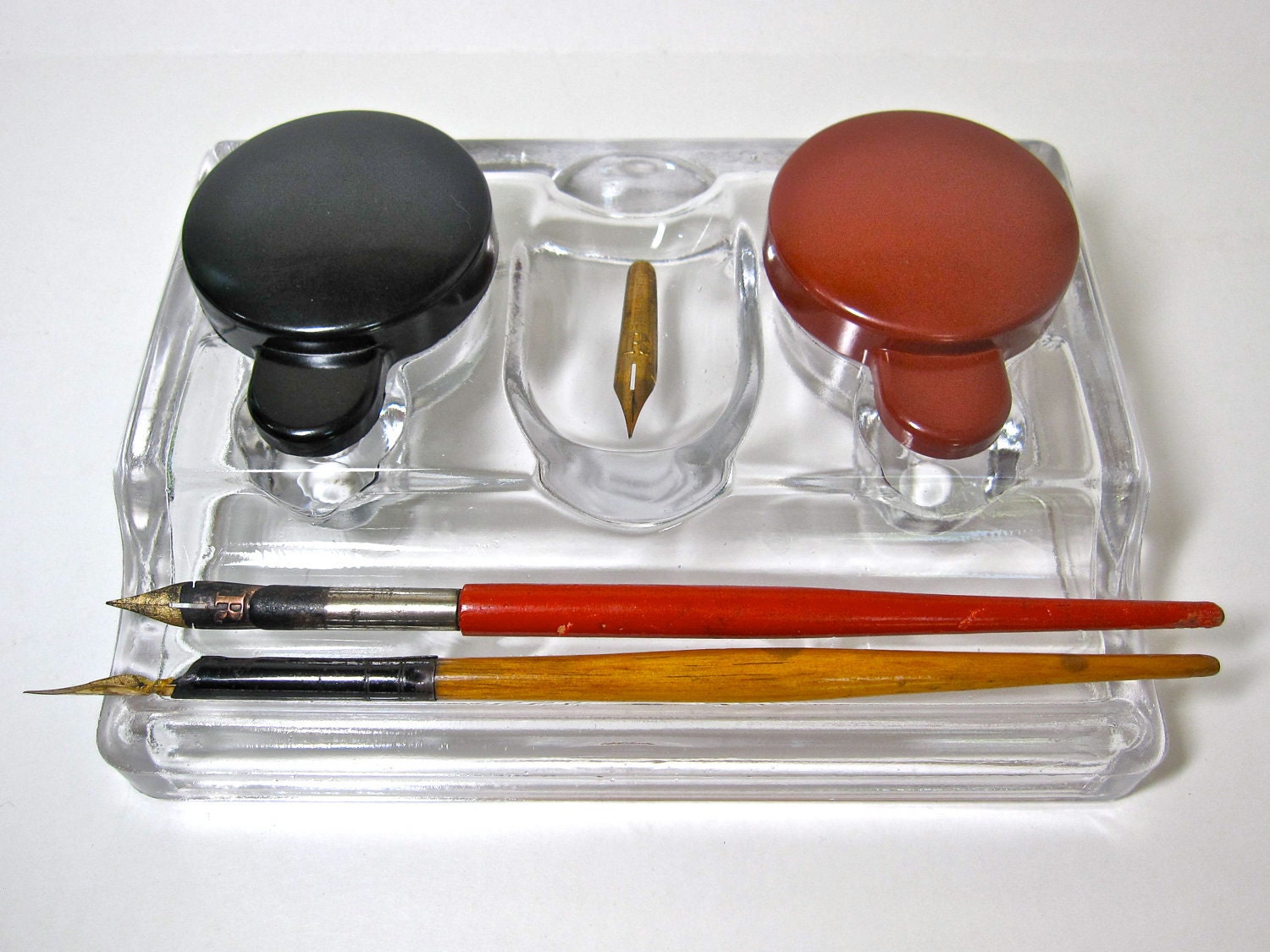 GLASS INKWELL with BAKELITE Lids plus Two Dip Pens and Nibs