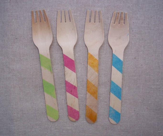 20 Bright Stripes Wooden Spoons or Forks  Party Cutlery