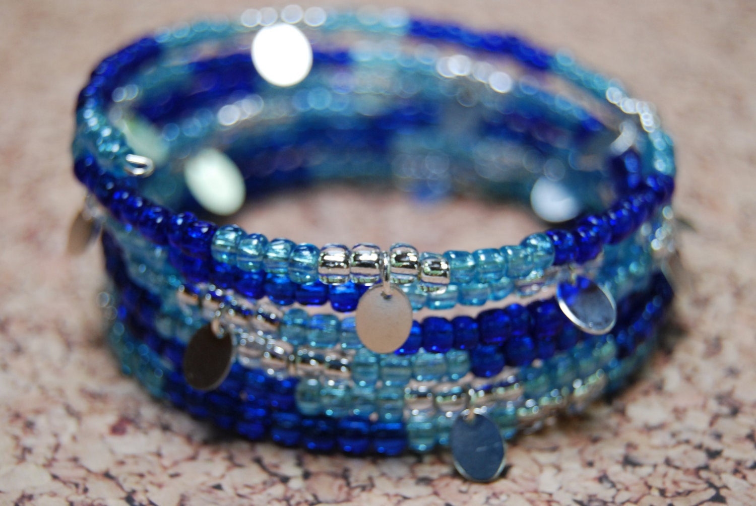 Blue and Silver Coil Bracelet with Silver Tags
