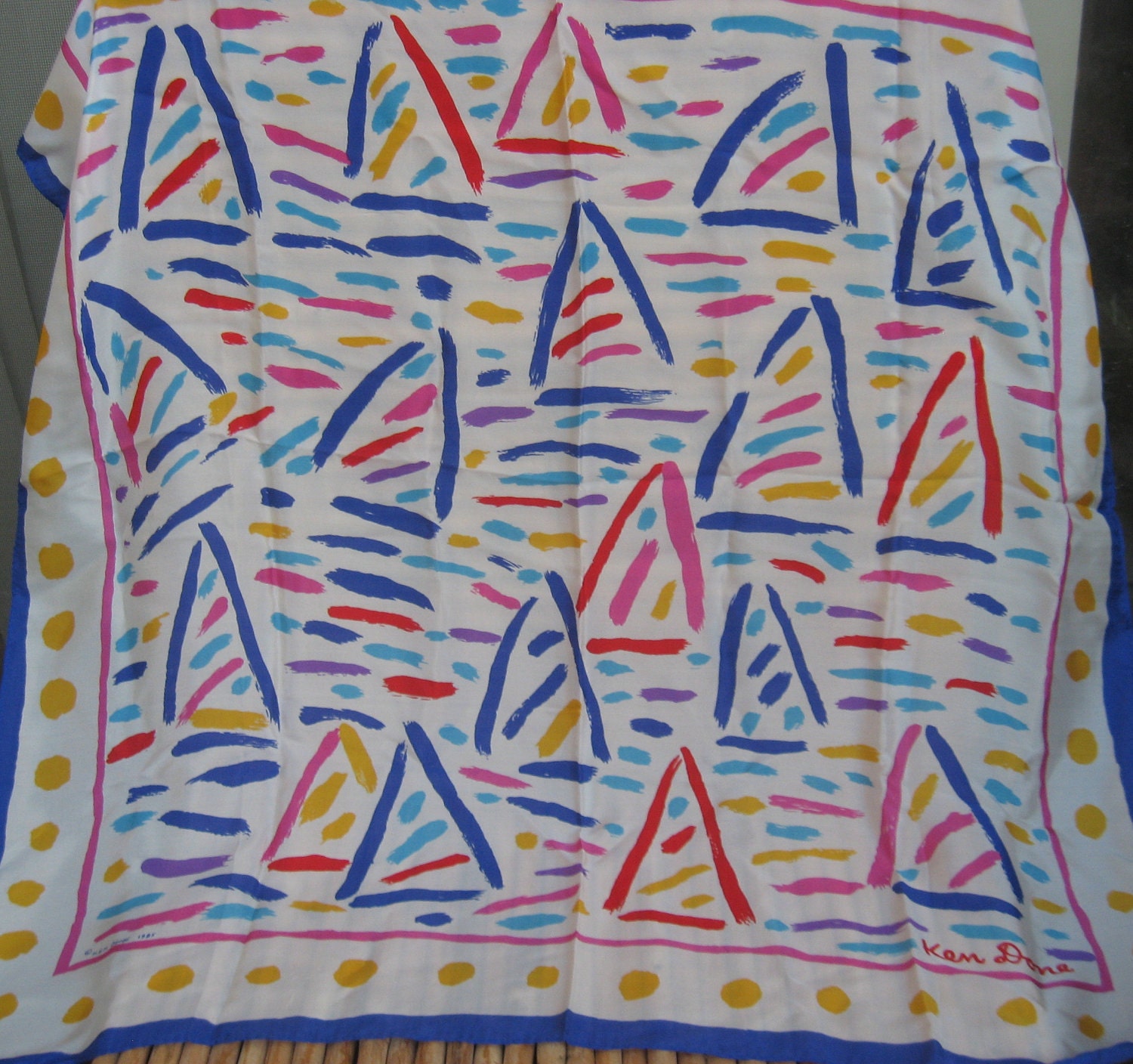 MINT Vintage 1985 Ken Done Silk Scarf Signed Red, Blue, Pink, Yellow, Turquiose Lines and Dots on a White Background Buy 1 get 1 1/2 off