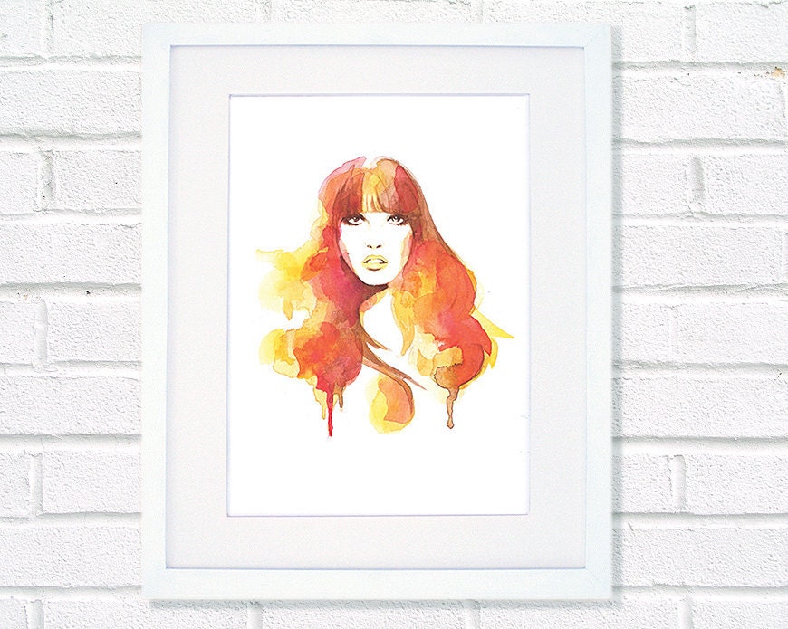 Orange Watercolor fashion art Mod Glamour A4 or 8 x 10