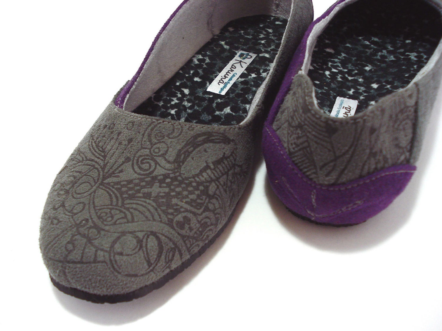 6,5 / 37 Handmade Eco-vegan Ballet Flats - Purple and Grey - Size EU 37 / USA 6,5 - Hand Screen Printed Illustration - Recycled Tire Soles -