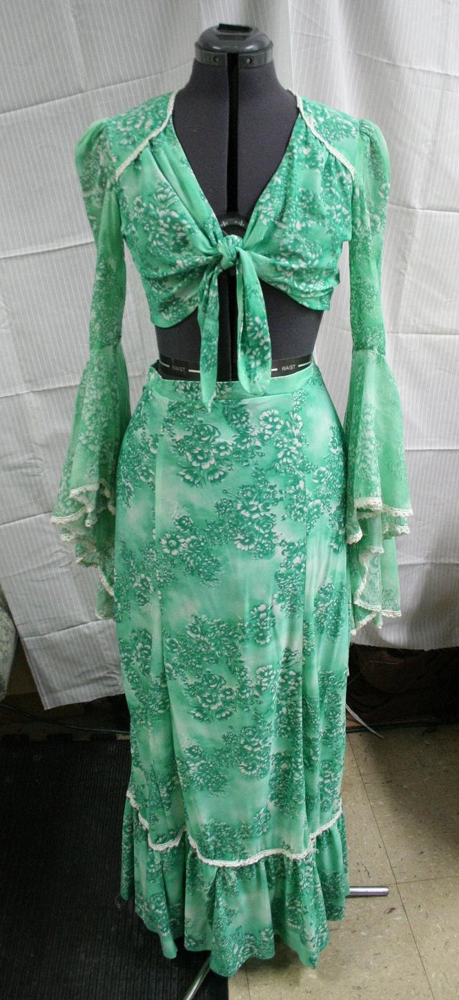 70s Green Floral Maxi Skirt with Cropped Top