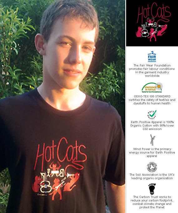 ECO FRIENDLY TEE - Hot Cats - Boys/Mens Organic Cotton Black T-Shirt, printed silk screen with Eco friendly inks.