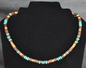 Brown/Turquoise Unisex Wood Beaded Leather Choker Necklace