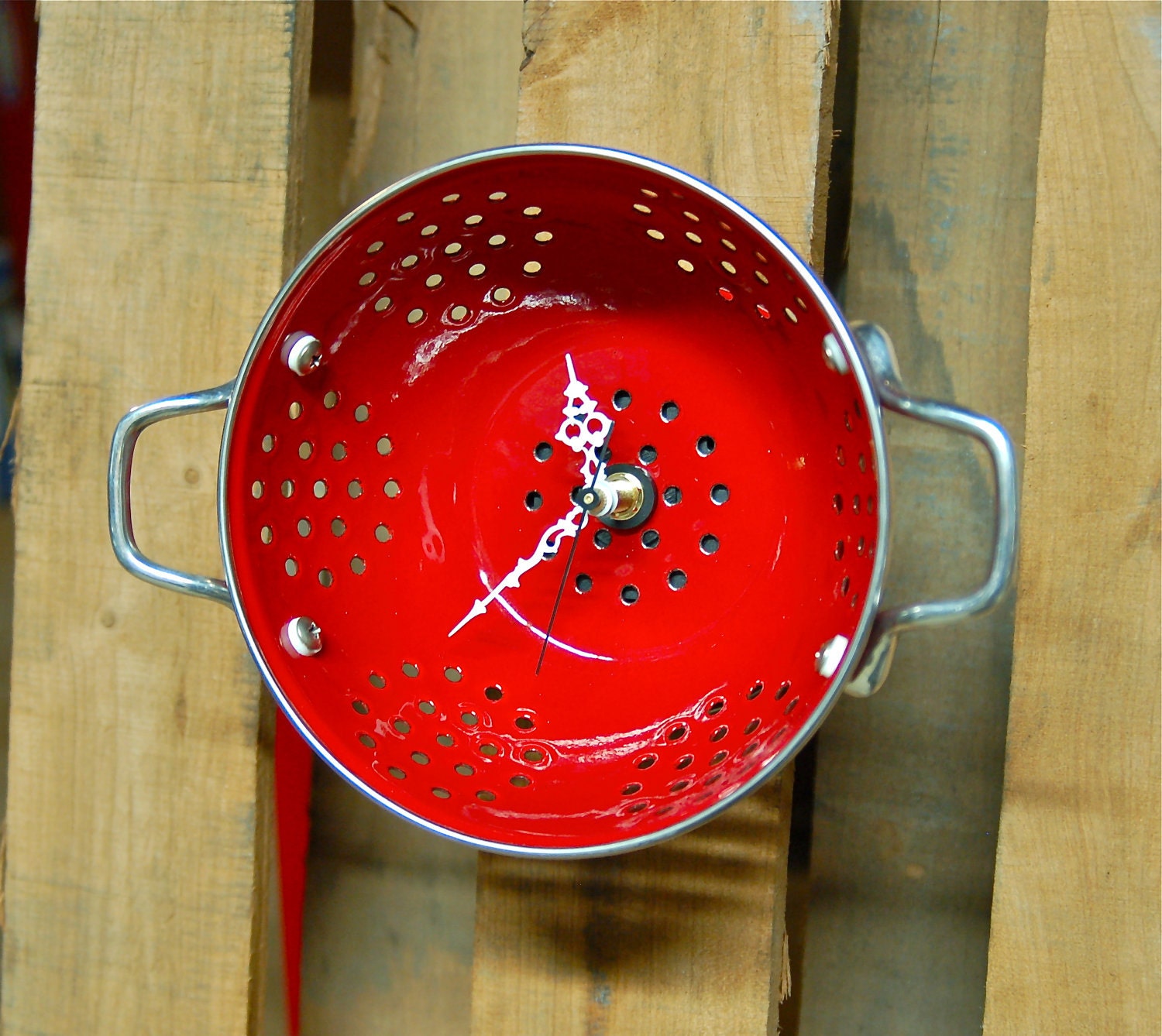 Red Colander Clock, Repurposed Vintage Style Porcelain Enamel Kitchenware - Mothers Day Special