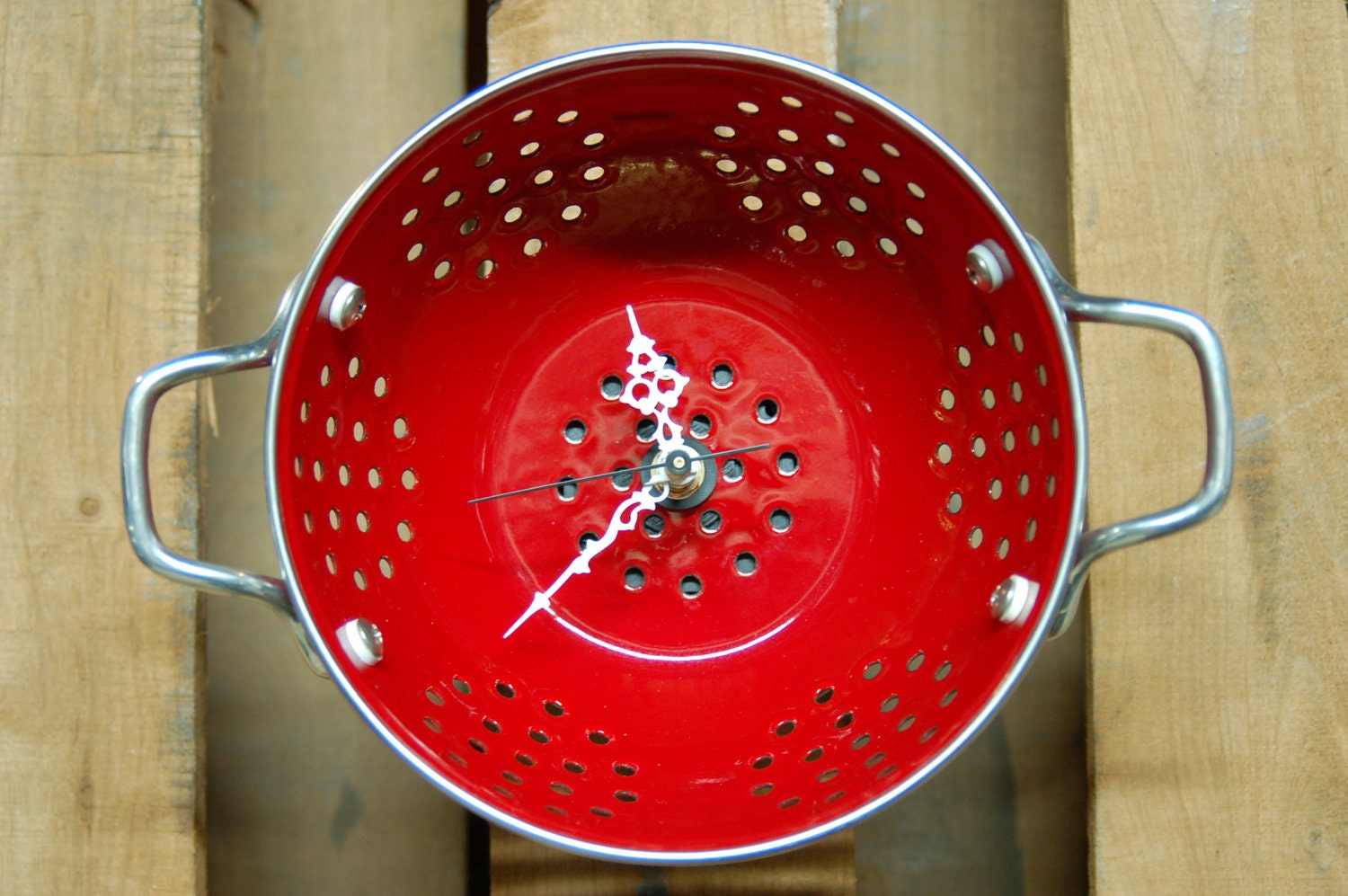 Red Colander Clock, Repurposed Vintage Style Porcelain Enamel Kitchenware - Mothers Day Special