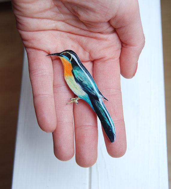 Hand- drawn Bee Eater bird brooch
