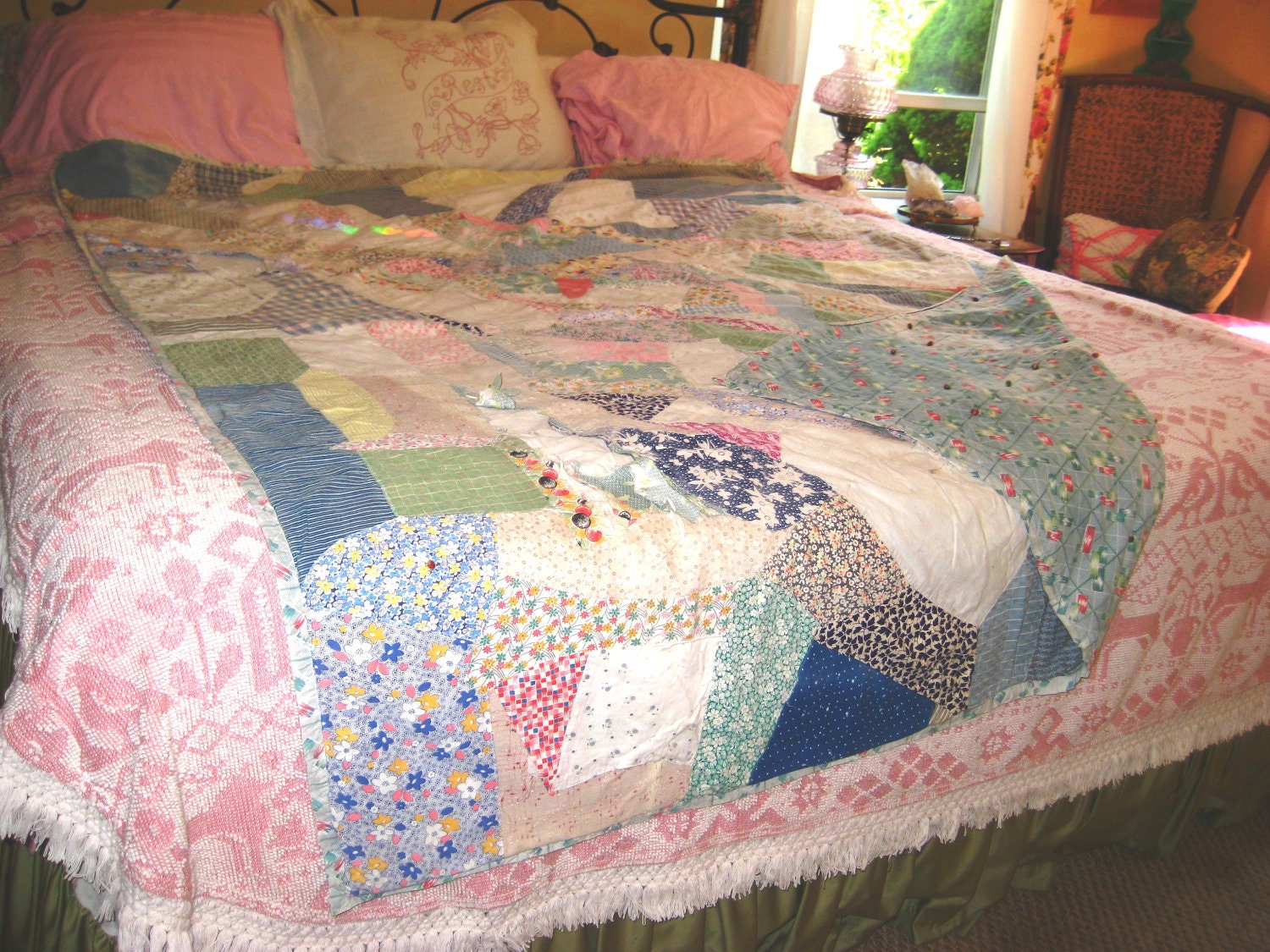 Vintage1940's Crazy Quilt Antique Quilt Edwardian Bedding