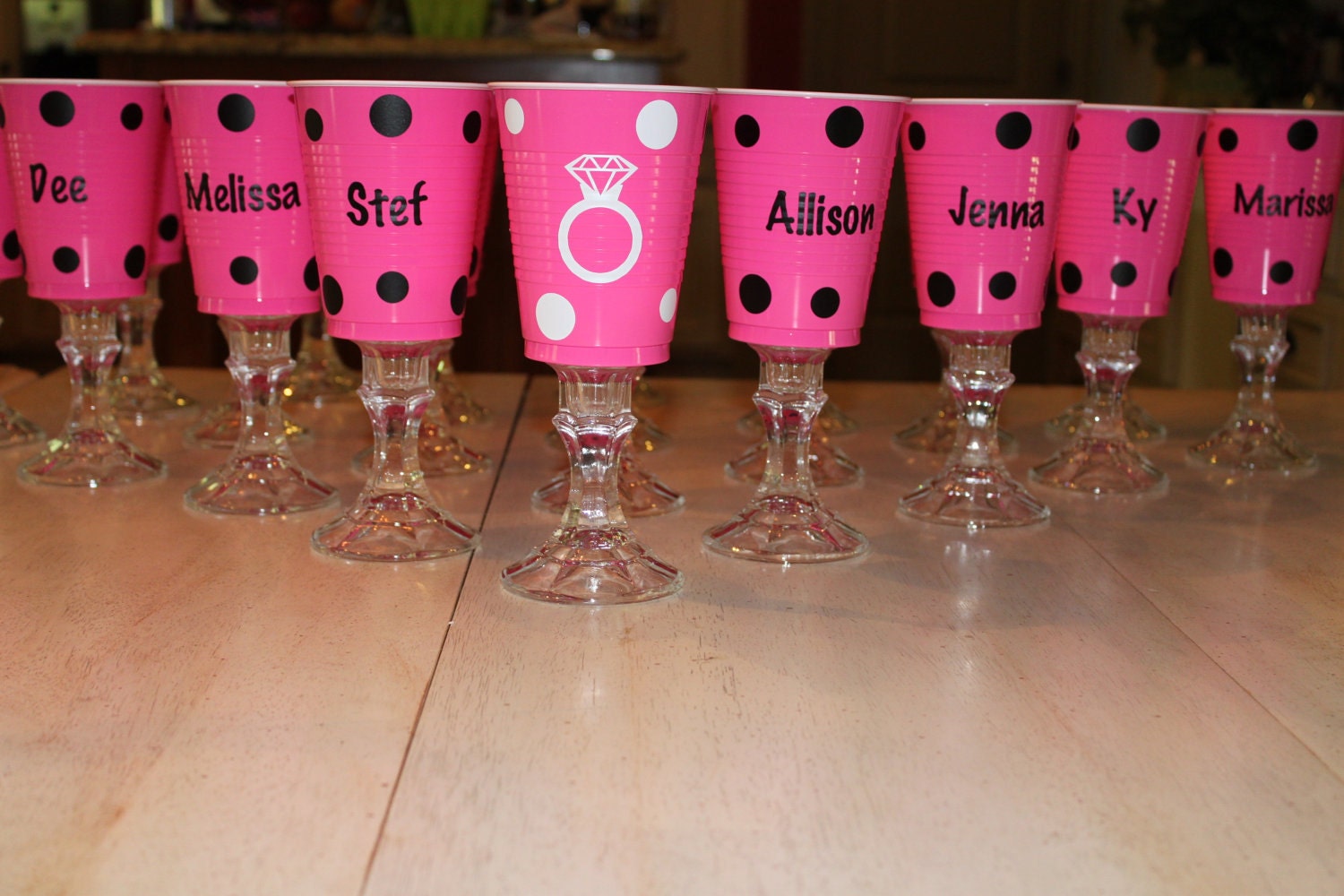 Polka dot pink party solo wine glasses - PERSONALIZED for free