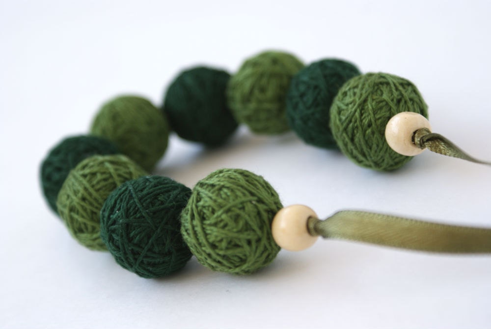 Green bracelete of a thread cotton for women lace textile wooden beads natural woodland gift idea fall fashion - BallClub
