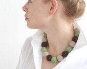 Green brown beige chunky balls beaded necklace thread cotton for women fiber natural long rustic woodland minimalism