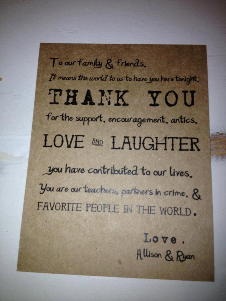 Wedding Thank You card for guests' dinner plates or wedding favor