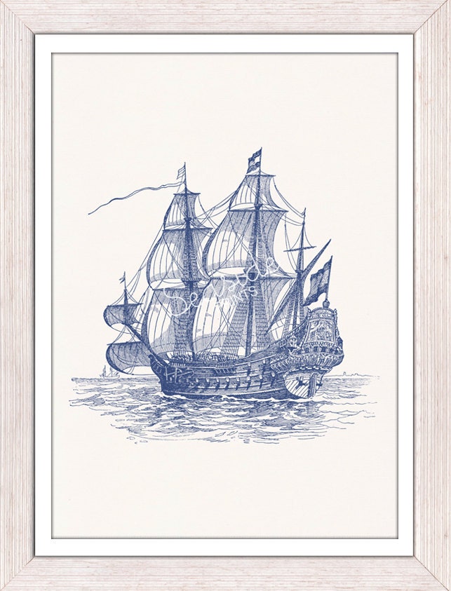 Old Ship Poster -The great  old Ship  in blue - sea life print- Vintage Frigate ilustration