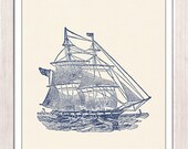 Vintage print -Old Ship in blue - sea life print- vintage illustration