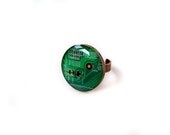 circuit board ring, valentine's day, geekery tech ring, adjustable, upcycled geometric ring, computer part jewelry, green copper ring,circle