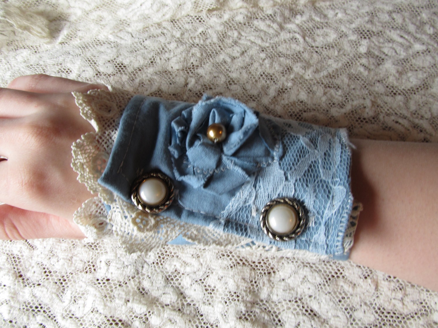 Shabby chic or steampunk wrist cuff with lace and pearls