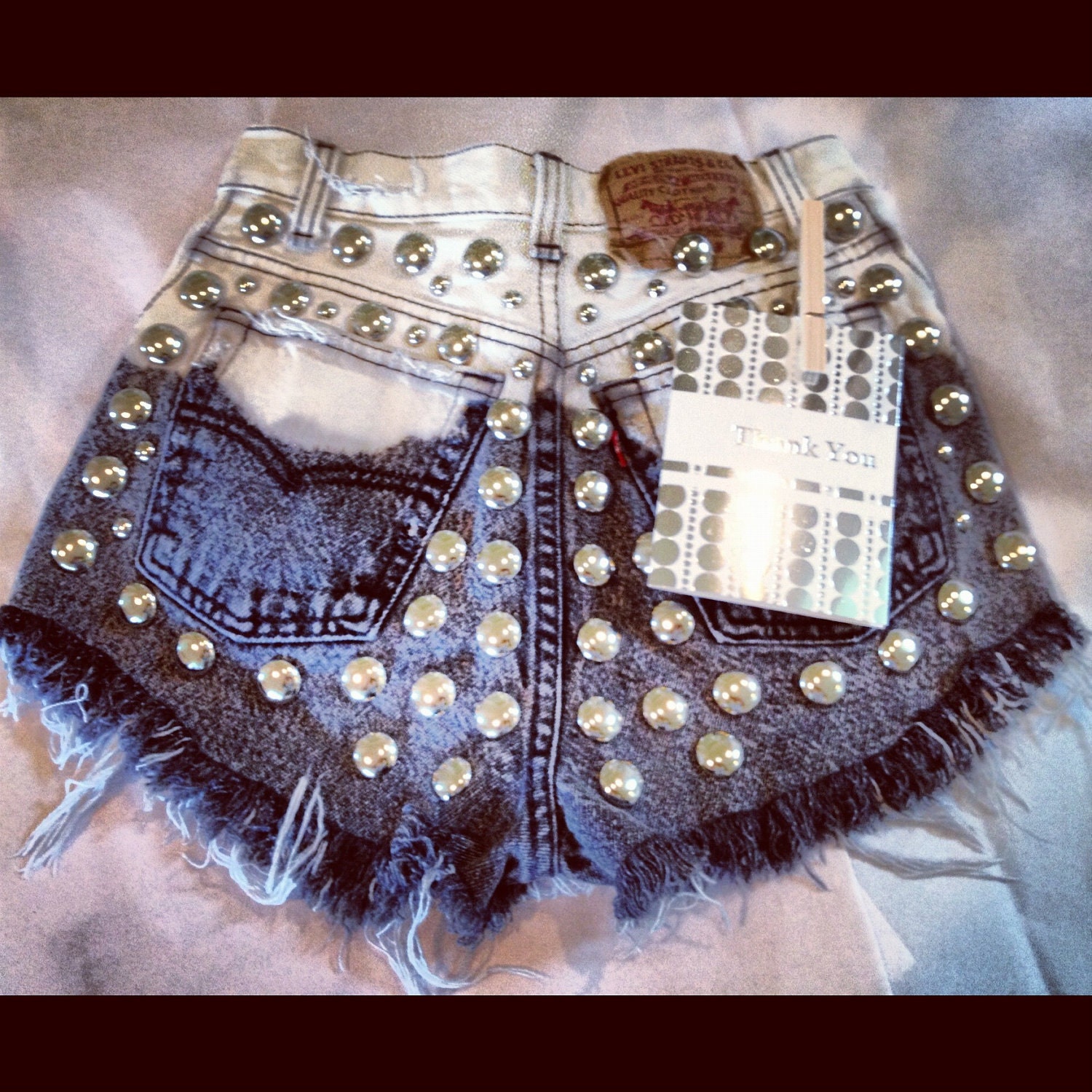 BLACK OMBRE High waist destroyed denim shorts super frayed with US flag and studs size Sm