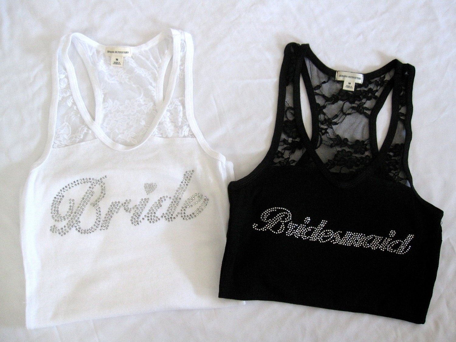 2 Wedding Bridal Party Rhinestone Half Lace Tank Tops. Choose from Bride, Bridesmaid, Maid of Honor. Small - Large.