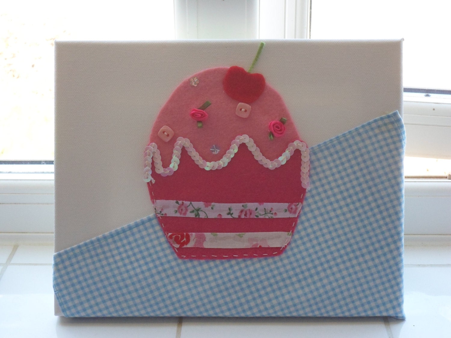 Girls Felt Picture, Canvas Picture, Cup Cake, Personalised, Room Decor,Nursery Decoration, New Baby Gift, Christening Gift, Birthday Gift