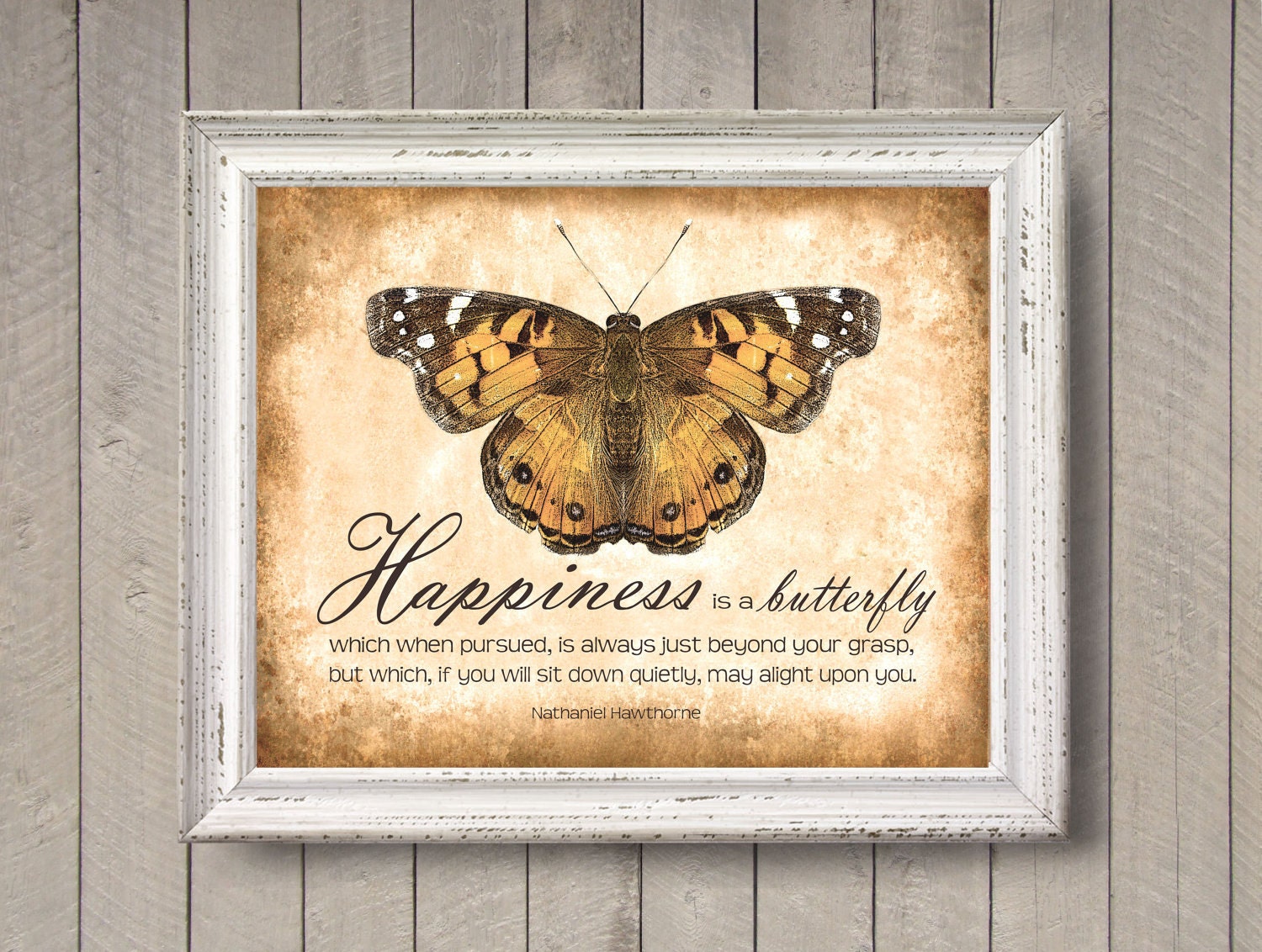 Happiness is a Butterfly - 8x10 photographic print - Inspirational Quote Typography Peach Orange Texture Distressed Home Decor Wall Art