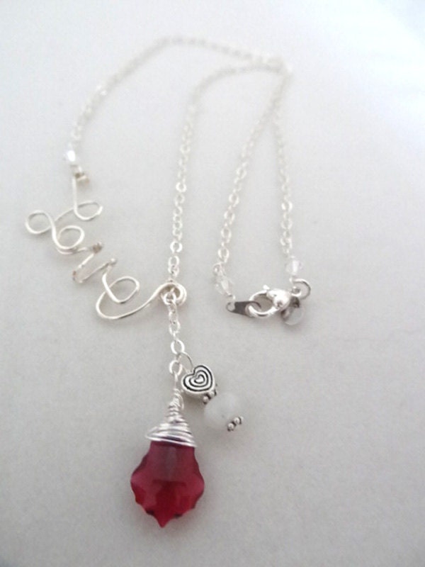 Silver LOVE Wire Wrapped Crystal Pendant Moonstone Heart Bead adjustable chain Necklace Wire Writing