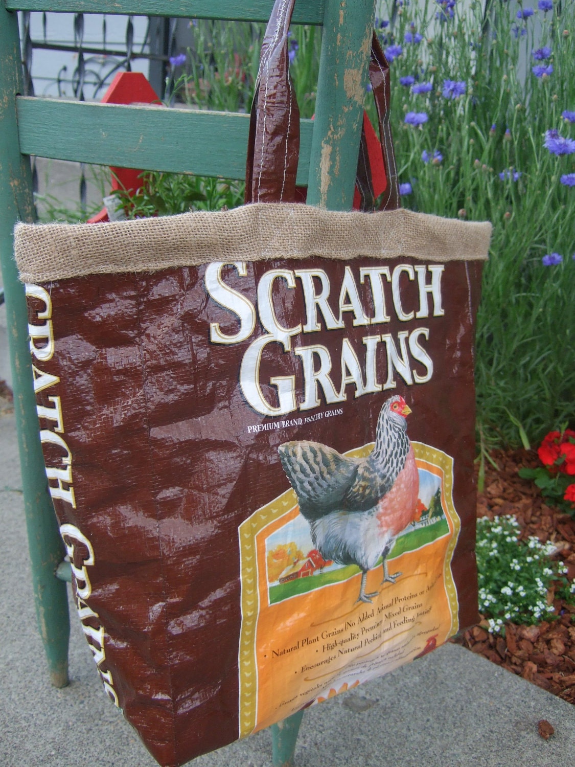 Upcycled Chicken Feedsack Market Tote - in brown and burlap-
