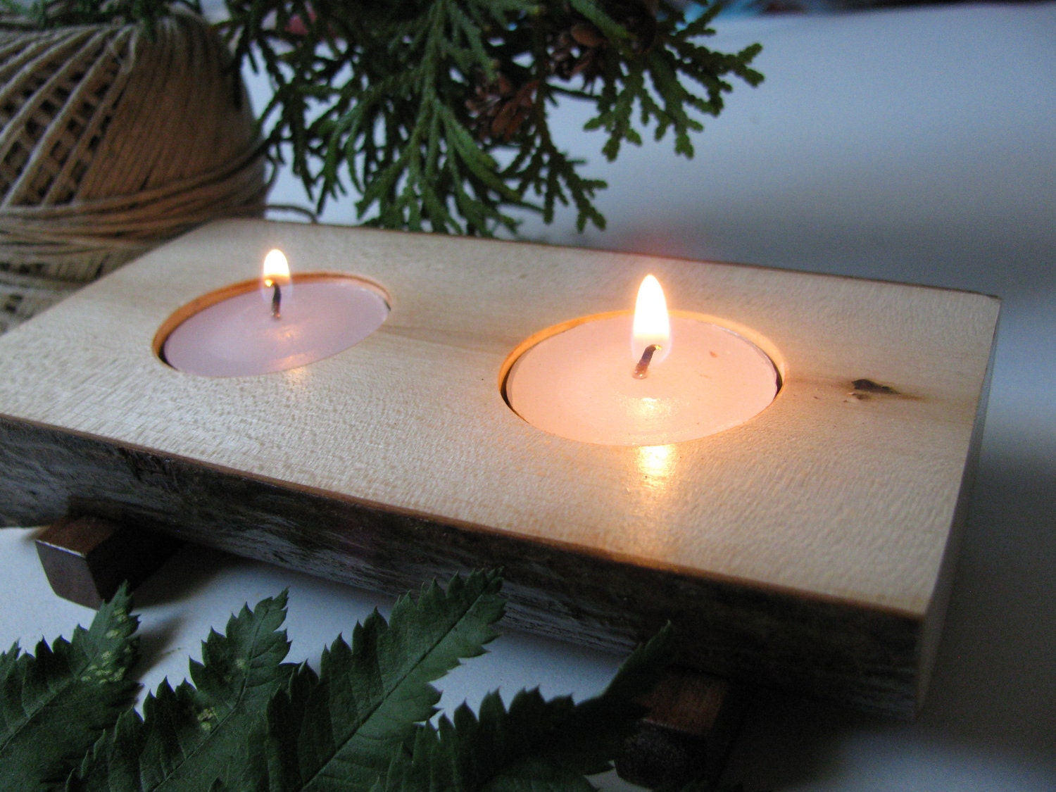 Candle holder Two tealights Natural edge split log.