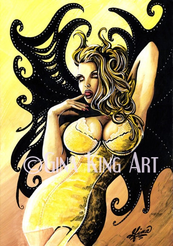 Winged Fantasy Pin Up - Gold - Original Painting by Gina King