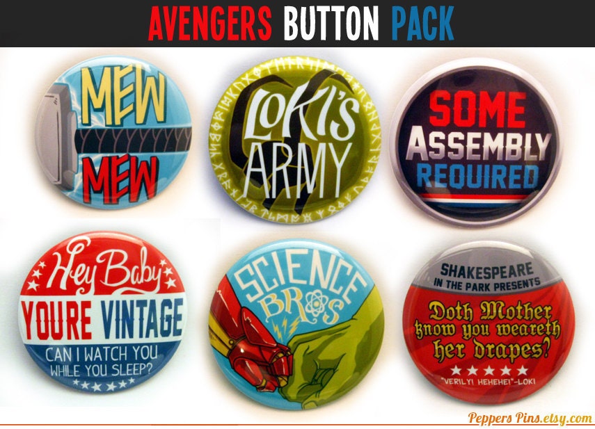 Avengers Pinback Buttons - Set of Six 2" Avengers Buttons