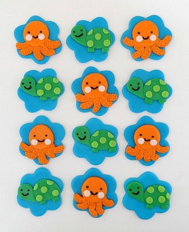 12 Fondant Edible Cupcake/Cookie Toppers - Turtles and Octopuses