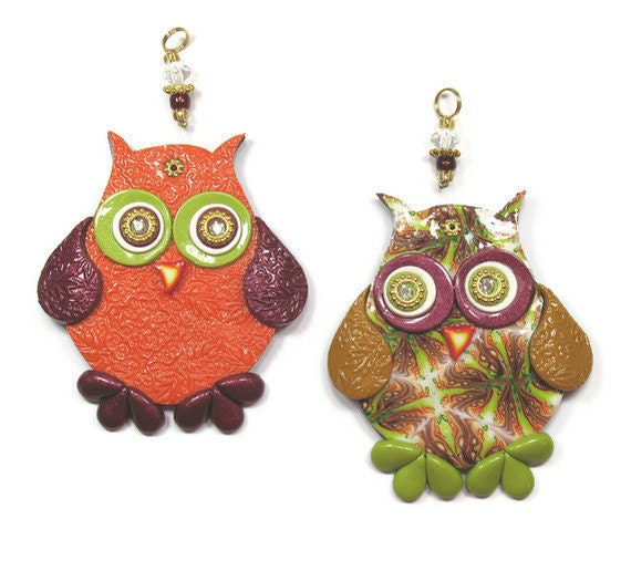 Love owl wall decor, polymer clay elegant owl, wedding gift, a pair in maroon, green, orange, gold and red