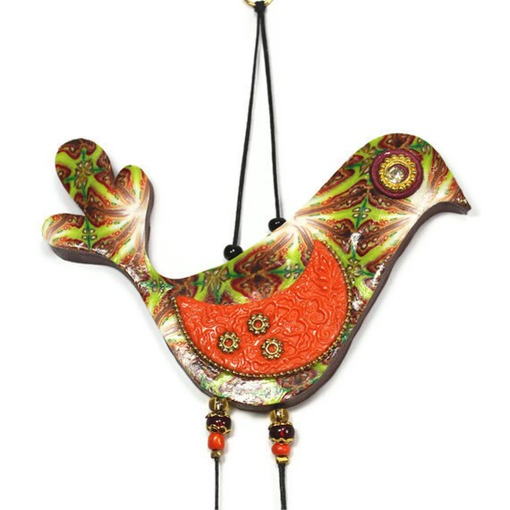 Love birds, elegant wall decor love birds, Handmade Polymer clay birds, Bird couple in maroon, green, orange, gold and red, romantic pair