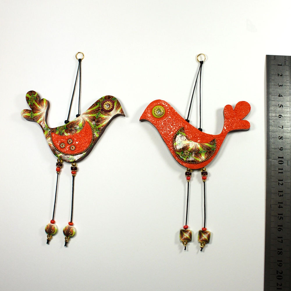 Love birds, elegant wall decor love birds, Handmade Polymer clay birds, Bird couple in maroon, green, orange, gold and red, romantic pair