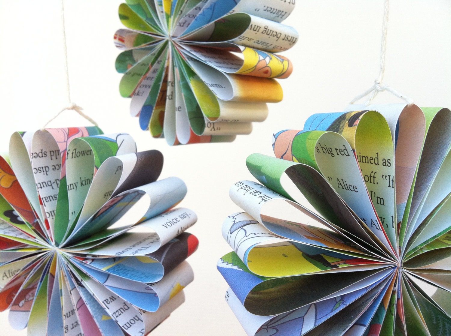 Vintage Picture Book hanging decos. Paper daisies for decorating your space.