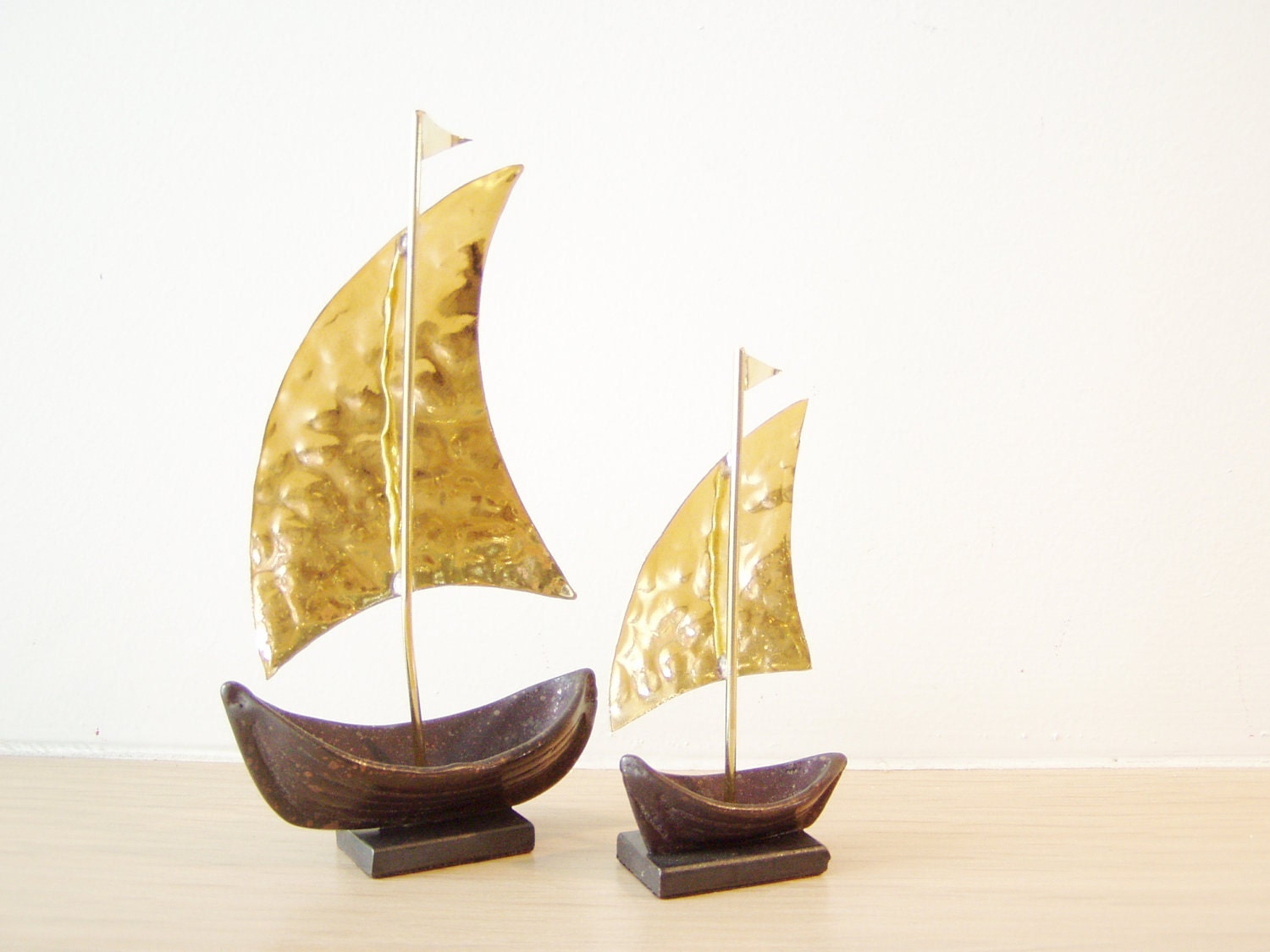 Brass sailboats  oxidised base golden hammered sails
